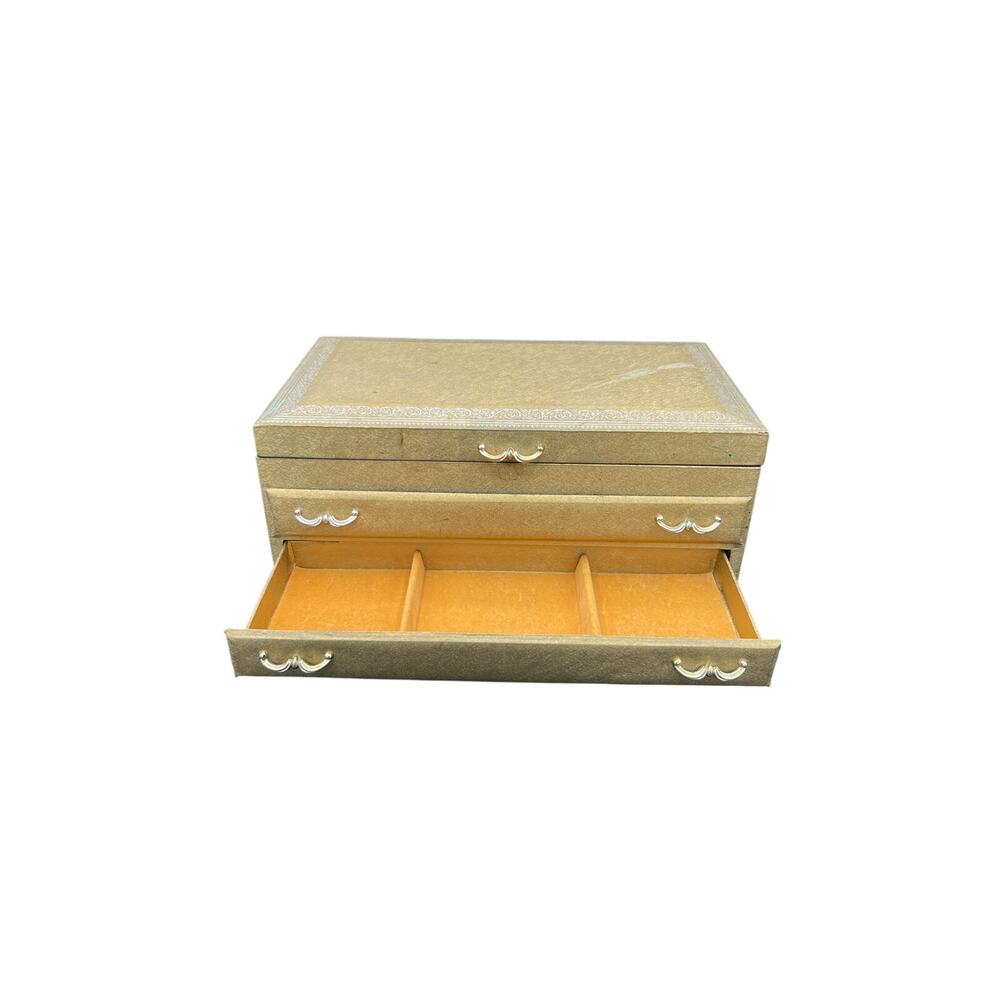 ✨ Vintage Gold Brocade Jewelry Box Mirror 3 Drawer Ring Organizer Vanity Storage - Picture 13 of 16